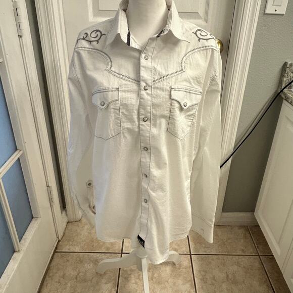 Wrangler Tops - Rock 47 by Wrangler Western Embroidered Pearl Snap Shirt (Size L)